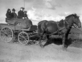 Bagest i vognen sidder gårdmand i Viholm, Mikkel Peder Lauritsen (1870-1947) og hans hustru Jensine Lauritsen (f. Pedersen, 1875-1956). Som kusk ses deres søn Laurits Lauritsen (1908-1989) og ved hans side angiveligt tjenestedrengen Andreas Sig Christensen (1927-2010). Omkring 1940.