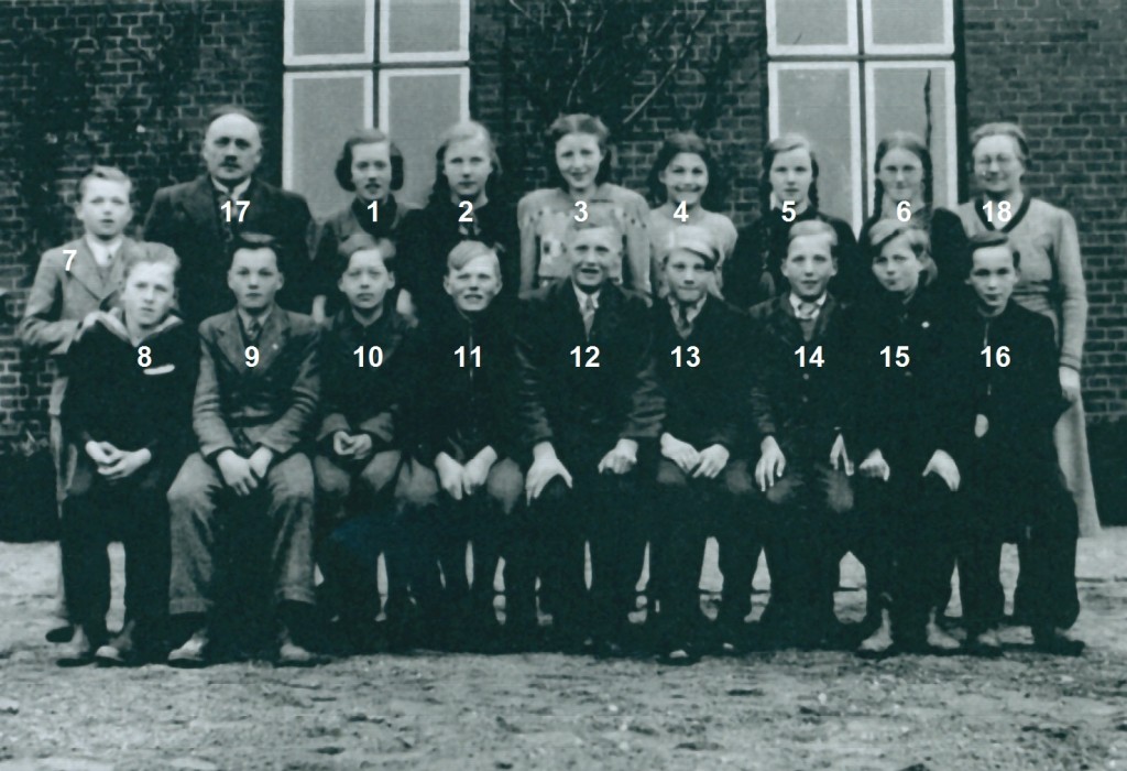 Skoleelever fra Vinding og Vind fotograferet forud for deres konfirmation i foråret 1940. I alfabetisk rækkefølge, piger og drenge: Karen Fonager Christensen, Vinding (2), Ketty Haunstrup, Vinding (3), Lydia Jensen, Vinding (ej identificeret), Marie Kristensen, Vinding (ej identificeret), Signa Alvilda Klejnstrup Madsen, Vind (ej identificeret) og Asta Nielsen, Vinding (4) samt Thomas Løgager Andersen, Vinding (ej identificeret), Peter Damgaard, Vind (ej identificeret), Hans Viktor Nedergaard Hansen, Vind (ej identificeret), Søren Kristian Jensen, Vinding (ej identificeret), Viggo Mikkelsen, Vind (ej identificeret), Carl Ejnar Mogensen, Vinding (ej identificeret), Niels Marinus Nielsen, Vinding (11), Jens Kjeld Pedersen, Vinding (usikkert 15), Samuel Pedersen, Vind (ej identificeret) og Peder Christian Poulsen, Vinding (ej identificeret). Desuden sognepræst Kristian Larsen (17) og hans hustru Anne (18).