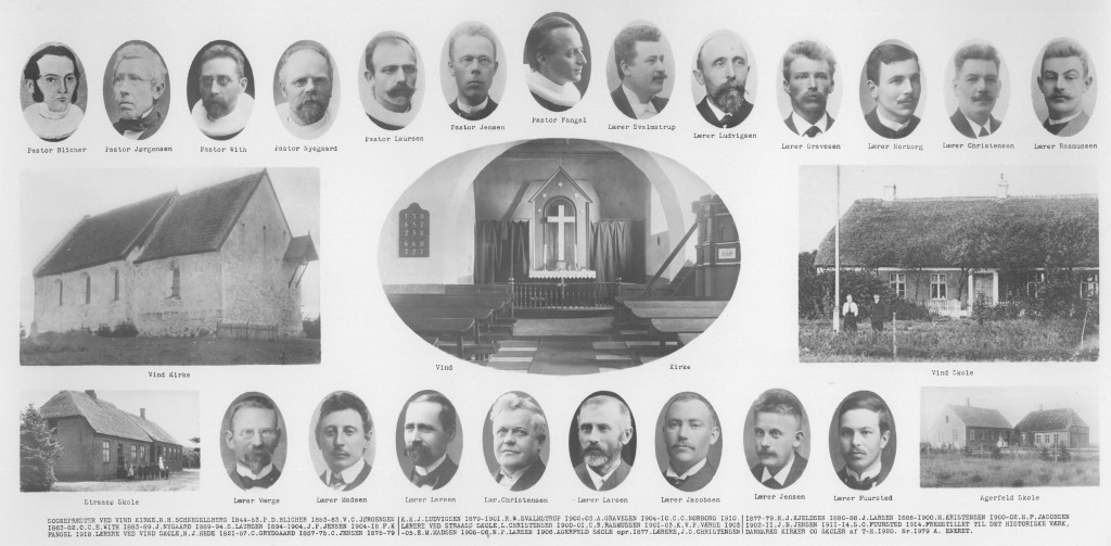 Prospekt fra omkring 1920 visende præster ved Vind kirke samt lærere ved Vind, Straasø og Agerfeld skoler, sidstnævnte hjemmehørende i Vinding sogn. Bemærk i nederste række, nummer fire fra venstre, Agerfeld skoles første lærer, J. C. Christensen (1856-1930), der senere, i årene 1905-1908, bestred embedet som dansk konseilspræsident, dén tids statsministerpost.