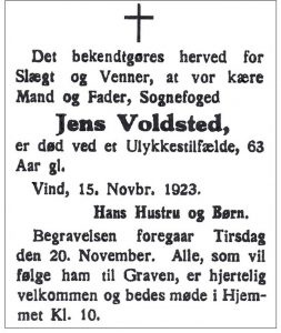 Dødannonce i Holstebro Dagblad den 16. november 1923.