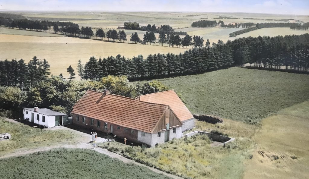 Virkelyst fotograferet i 1953. Stående foran stuehuset ses angiveligt Inger Marie og Nis Jørgen Hansens døtre Dagmar og Frida med sidstnævntes døtre Anny og Birgit.