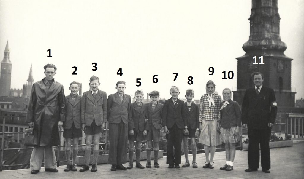 Elever fra Stråsø Skole på besøg i København omkring 1950. Billedet er taget på taget af Daells Varehus. I baggrunden til venstre ses rådhustårnet, til venstre Skt. Petri kirketårn.