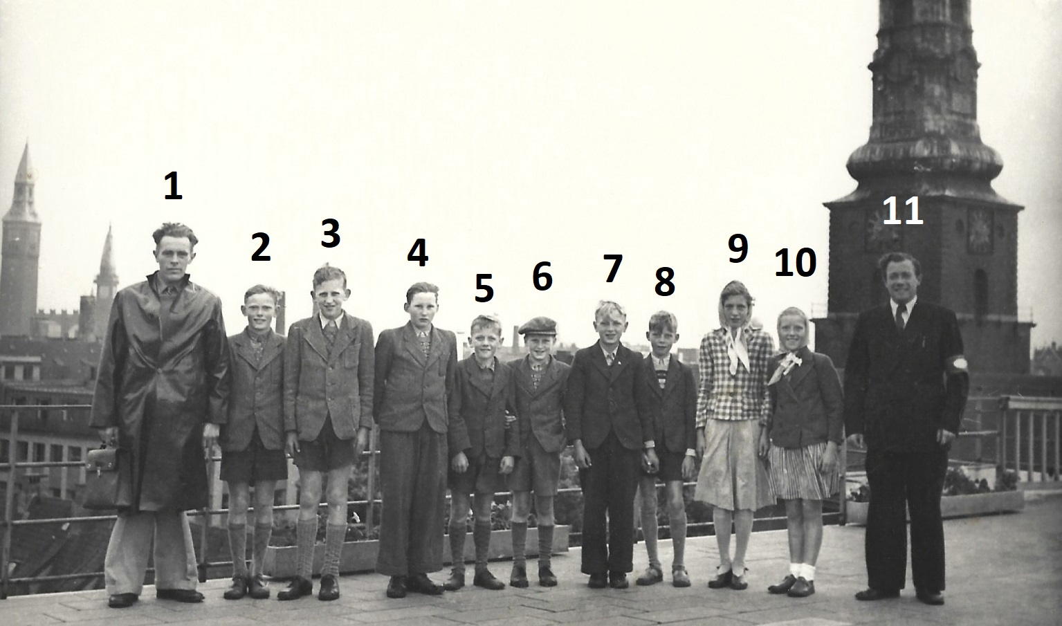 Elever fra Stråsø Skole på besøg i København omkring 1950. Lærer og elever var indkvarteret på 'Fregatten Jylland', og billedet herover er taget på taget af Daells Varehus. I baggrunden til venstre ses rådhustårnet, til højre Skt. Petri kirketårn. Klik på billedet for at se det i større format.