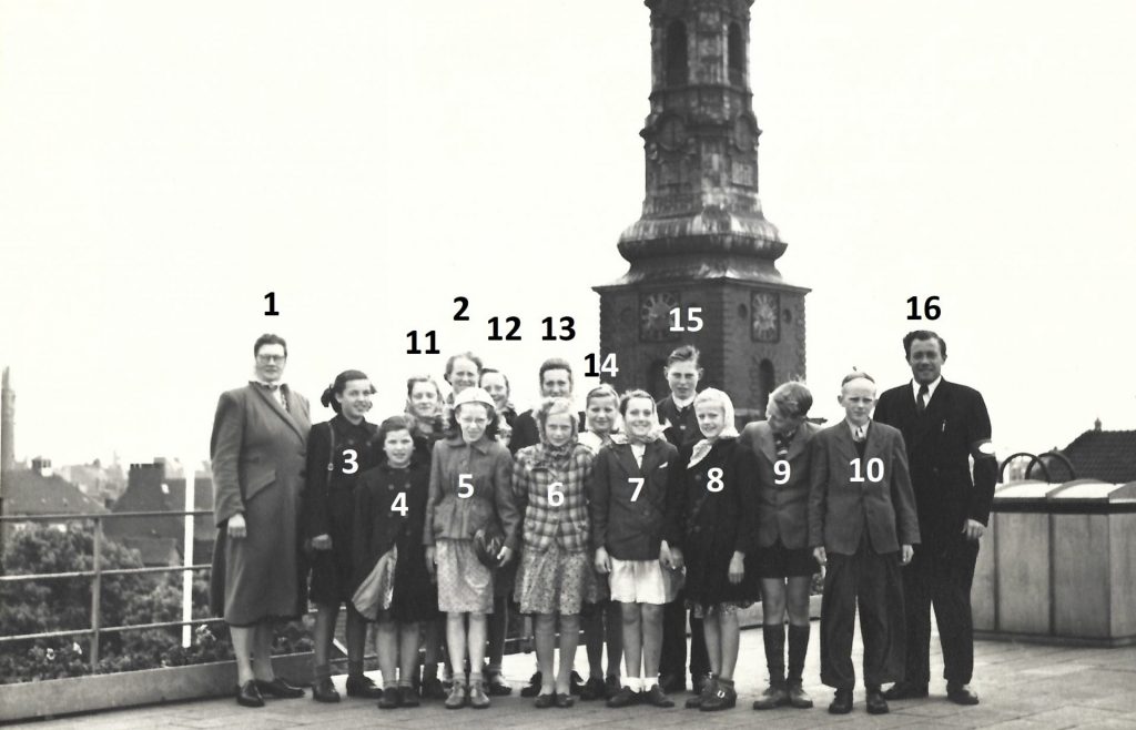 Elever fra Agerfeld Skole på besøg i København omkring 1950. Billedet er taget på taget af Daells Varehus. I baggrund ses Skt. Petri kirketårn. Klik på billedet for at se det i større format.