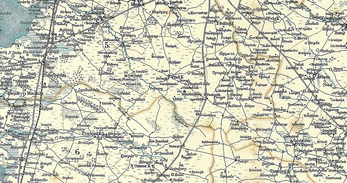 Kort over Vind og omegn i slutningen af 1800-tallet.